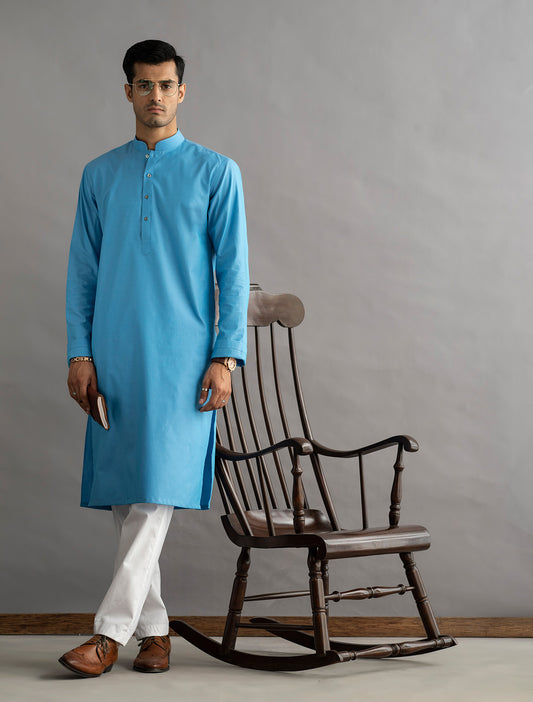 TURQUOISE COTTON HERRINGBONE KURTA