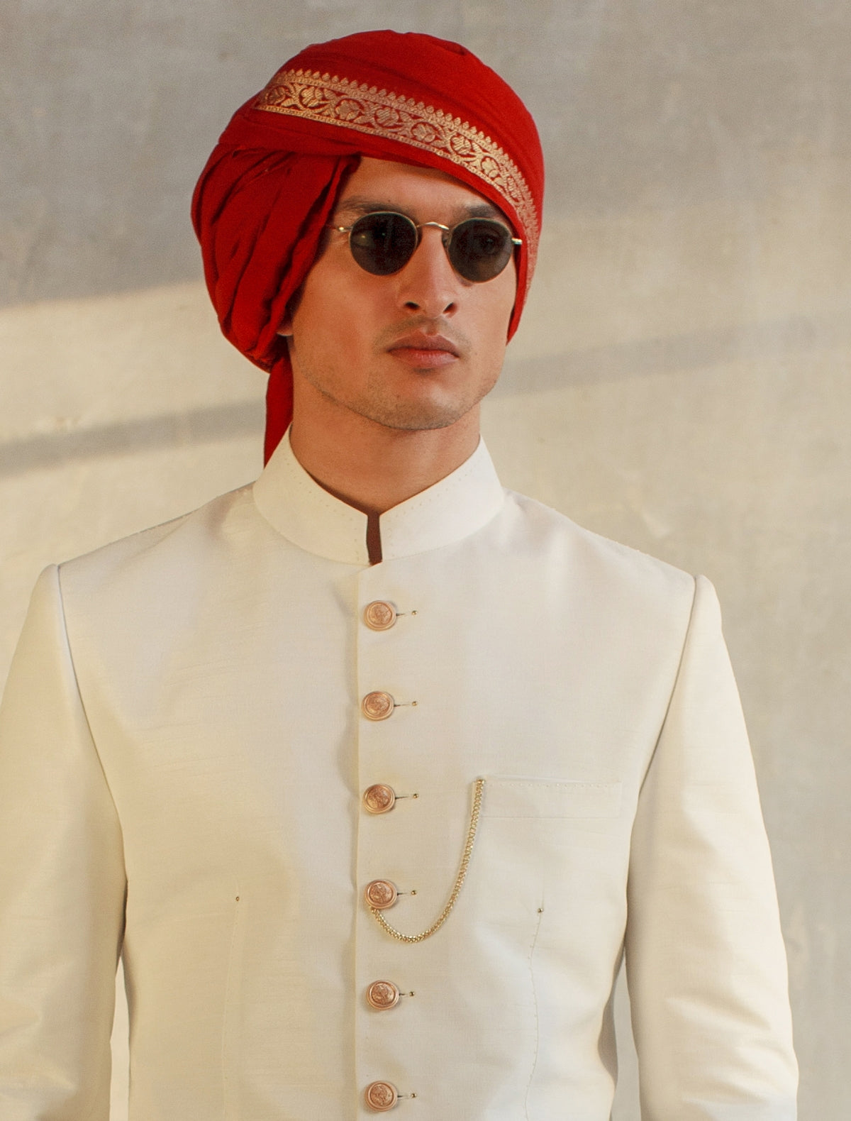 REDDISH MAROON TURBAN WITH GOLDEN BOARDER AND SHORT TAIL