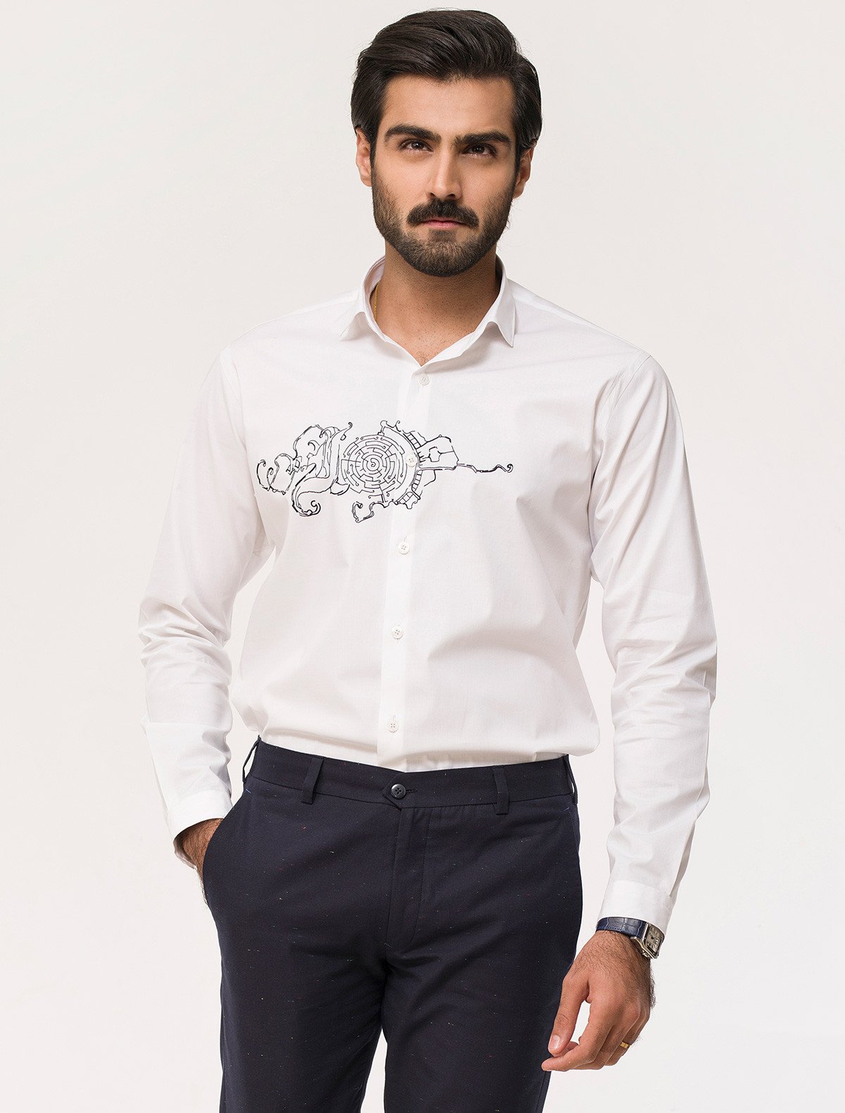 WHITE FRONT EMBROIDED SHIRT