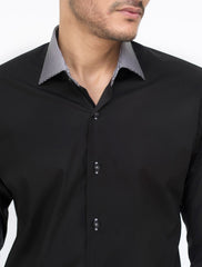 BLACK SHIRT WITH HOUNDSTOOTH PRINT COLLAR