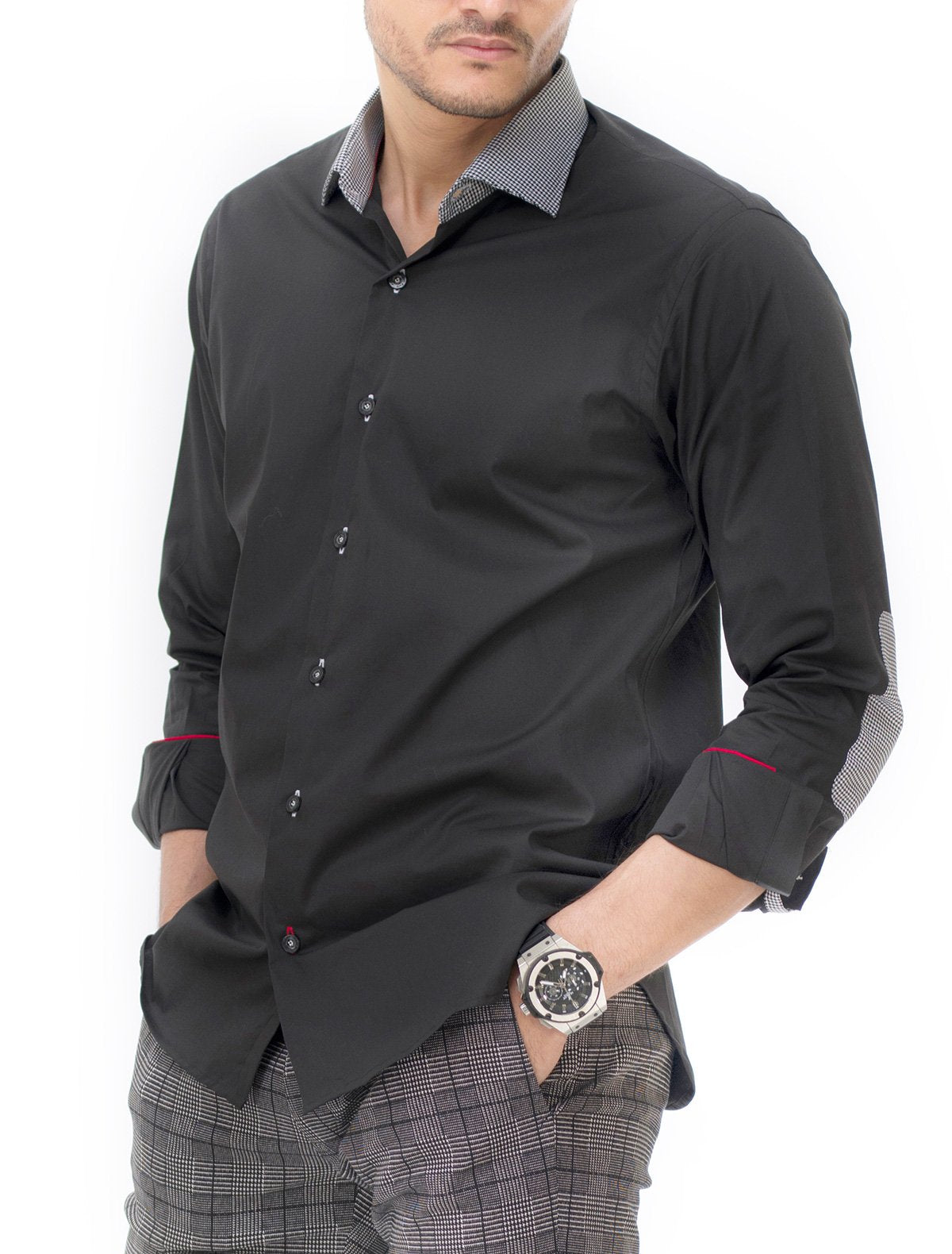 BLACK SHIRT WITH HOUNDSTOOTH PRINT COLLAR
