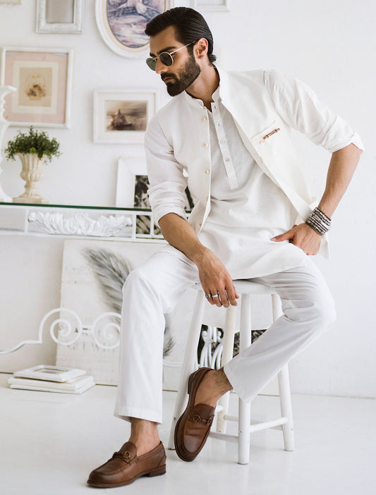 WHITE LINEN SHORT KURTA