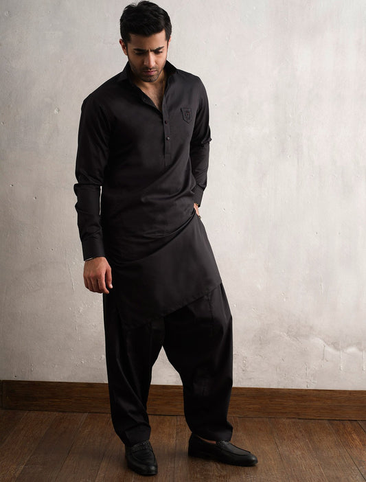 BLACK FRONT LOGO EMBROIDERED KAMEEZ SHALWAR