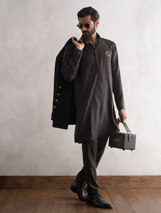 BLACK LOGO KURTA WITH PANT PAJAMA