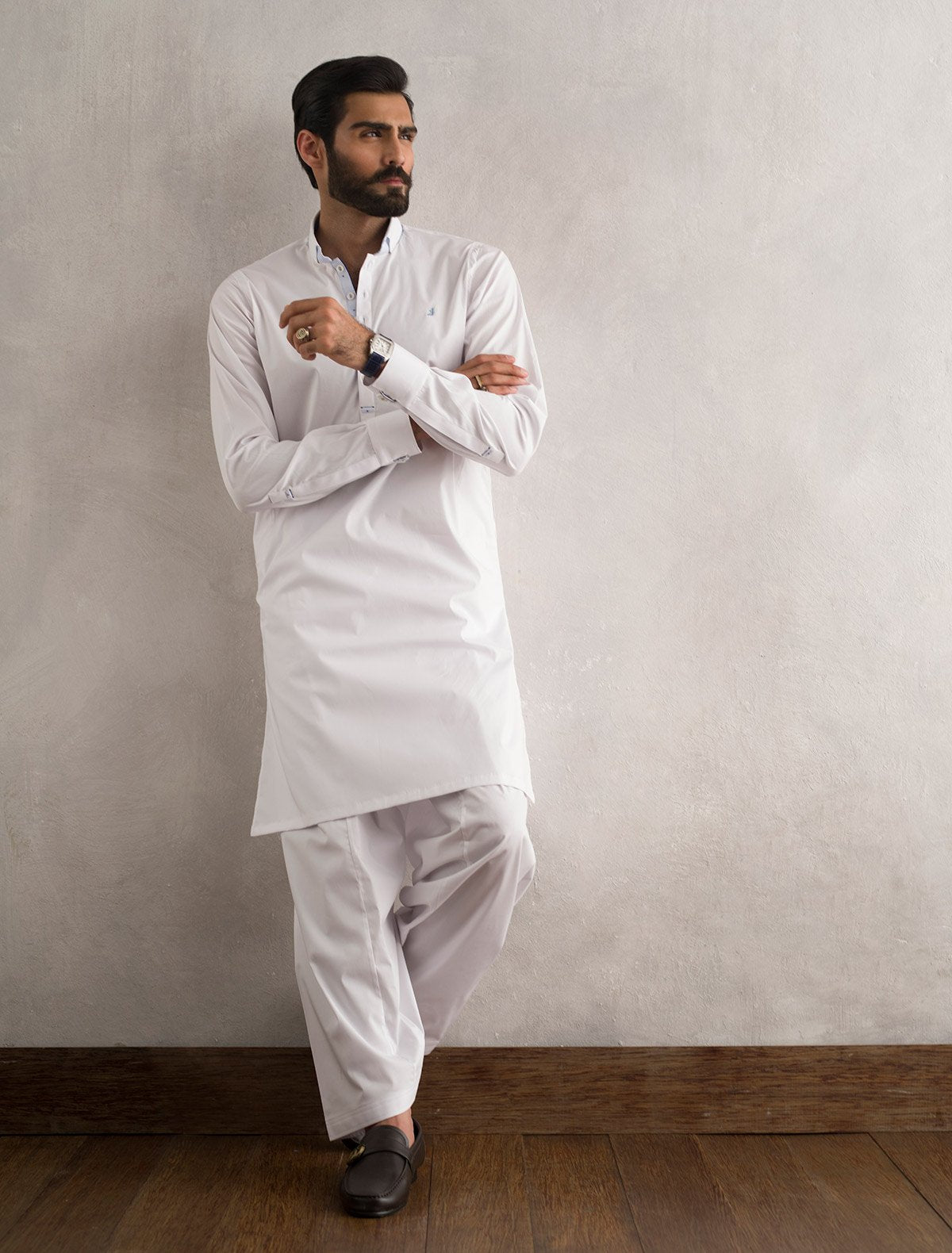 WHITE SHALWAR KAMEEZ WITH SKY BLUE LOGO