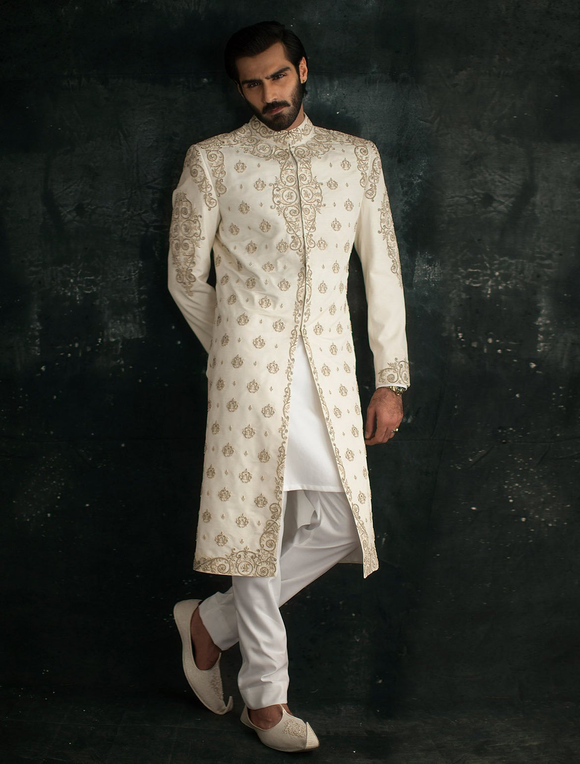 Off-White Raw Silk Sherwani with Digital Print & Hand Embroidery