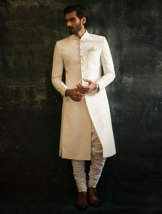 CLASSIC OFF WHITE RAW SILK SHERWANI