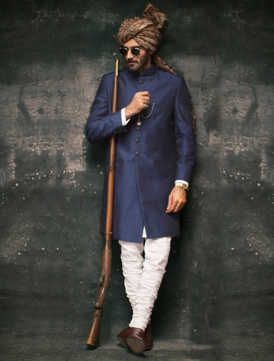 ROYAL BLUE RAW SILK SHERWANI