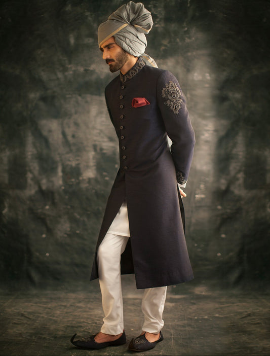 MID NIGHT BLUE RAW SILK SHERWANI