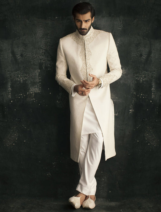 OFF WHITE KARANDI JAMAWAR SHERWANI