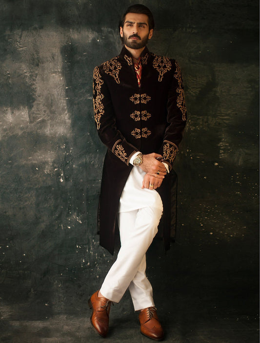 DEEP MAROON VELVET EMBROIDERED SHERWANI