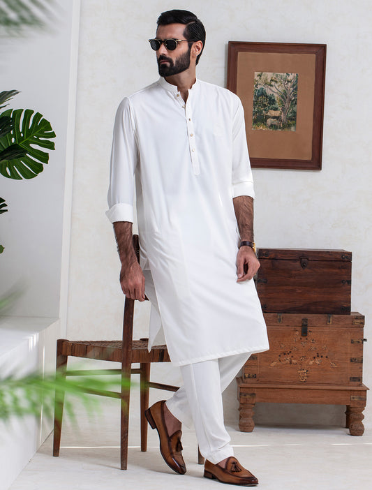 PEARL WHITE KURTA PAJAMA  EMBROIDERED MONOGRAM ON FRONT