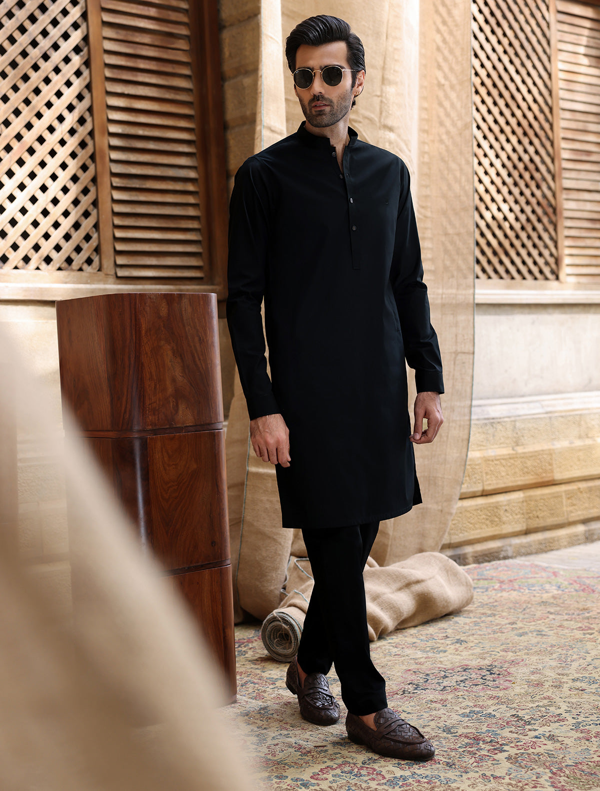 Black Chola Pajama CK 21 Black Kurta Pajama Golden Embroidered For Men