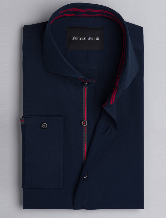 NAVY SPREAD COLLAR- THREAD DETAILED SHIRT