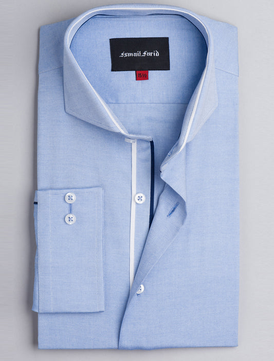 BLUE TEXTURED SPREAD COLLAR SHIRT