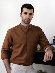 TAN MANDARIN COLLAR SHIRT