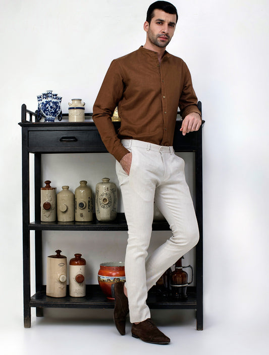 TAN MANDARIN COLLAR SHIRT