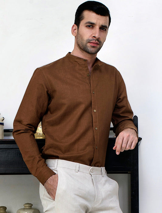 TAN MANDARIN COLLAR SHIRT
