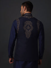 NAVY RAWSILK EMBROIDERED WAISTCOAT