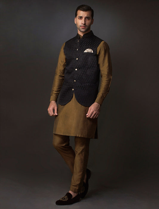 BLACK SELF MESH EMBROIDERED WAISTCOAT