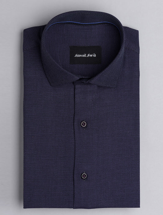 BLACK TEXTURED WOVEN CUT COLLAR SHIRT