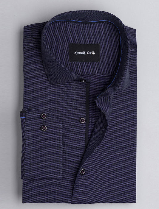 BLACK TEXTURED WOVEN CUT COLLAR SHIRT