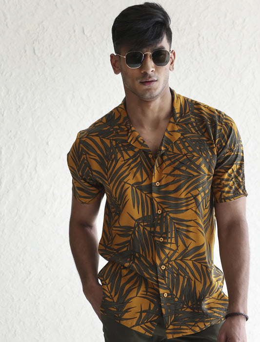 BROWN TROPICAL LEAF PRINT SHIRT