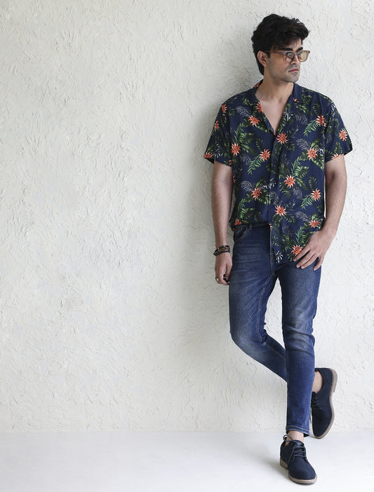 NAVY JUNGLE LEAF SHIRT