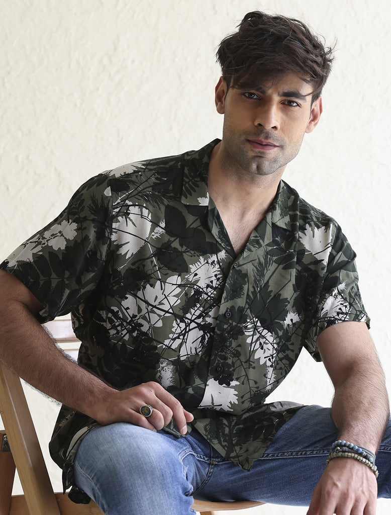 DARK GREEN TROPICAL LEAF PRINT SHIRT Ismail Farid Pakistan dark-green-tropical-leaf-print-shirt-ismail-farid-pakistan