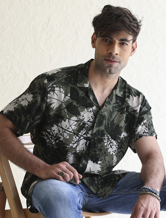 DARK GREEN TROPICAL LEAF PRINT SHIRT