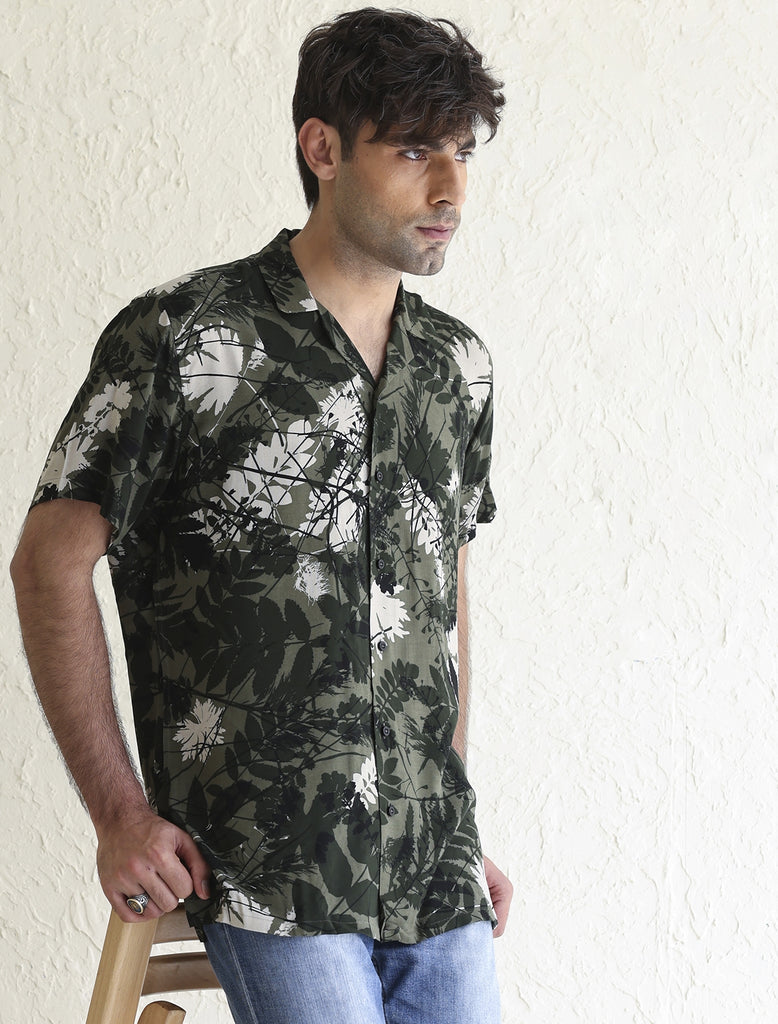 DARK GREEN TROPICAL LEAF PRINT SHIRT Ismail Farid Pakistan dark-green-tropical-leaf-print-shirt-ismail-farid-pakistan
