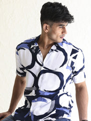 BLUE AND WHITE CIRCLE PRINT SHIRT
