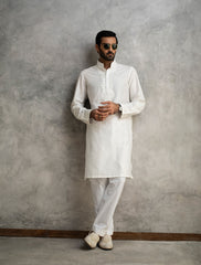 WHITE RAW SILK EMBROIDERED KURTA
