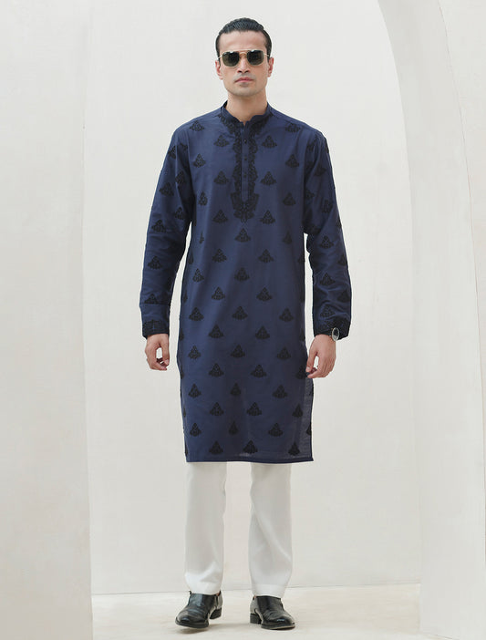 BLUE COTTON SILK EMBROIDERED KURTA