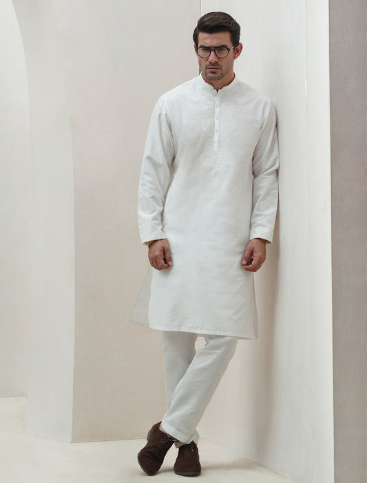 OFFWHITE COTTON SILK EMBROIDERED KURTA