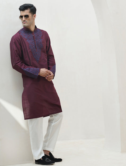 MAROON COTTON SILK EMBROIDERED KURTA
