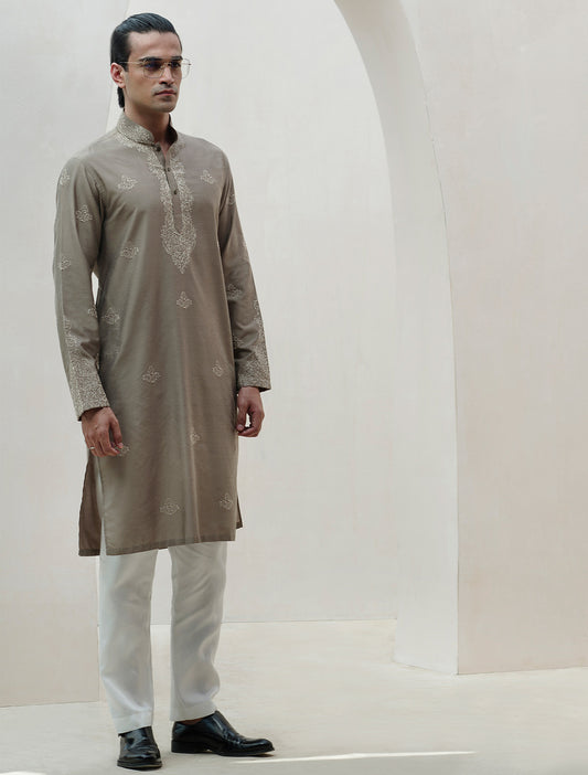 BROWN COTTON SILK EMBROIDERED KURTA