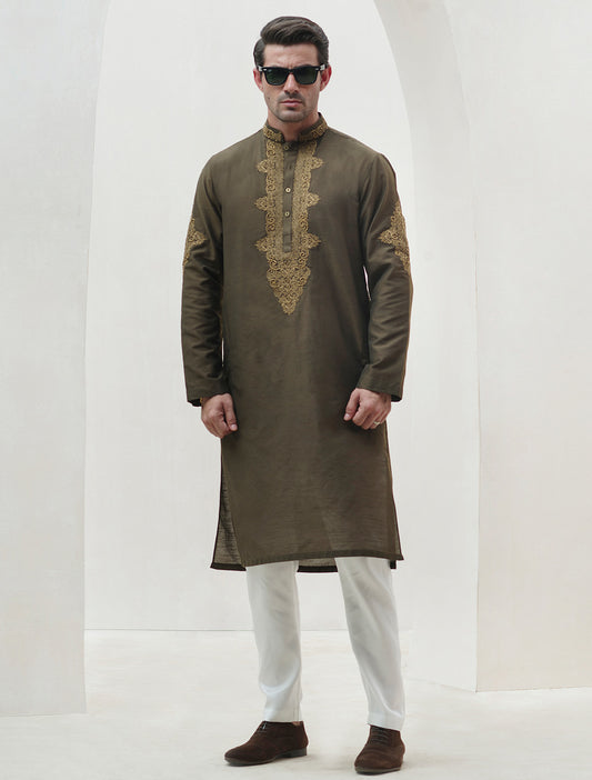 GREEN COTTON SILK EMBROIDERED KURTA