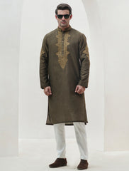GREEN COTTON SILK EMBROIDERED KURTA