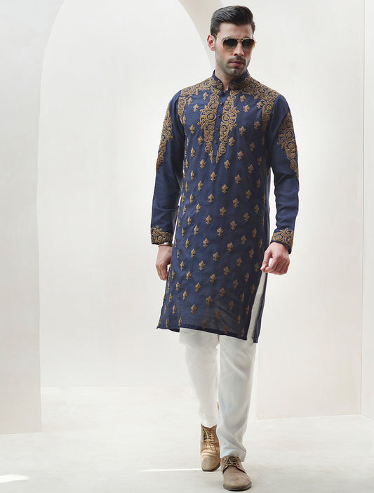 BLUE COTTON SILK EMBROIDERED KURTA