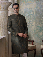 OLIVE GREEN EMBROIDERED KURTA