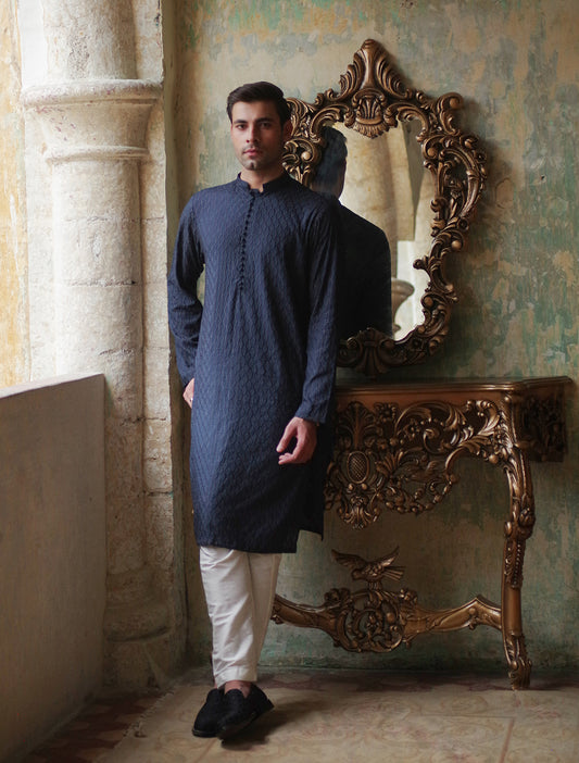 NAVY BLUE EMBROIDERED KURTA