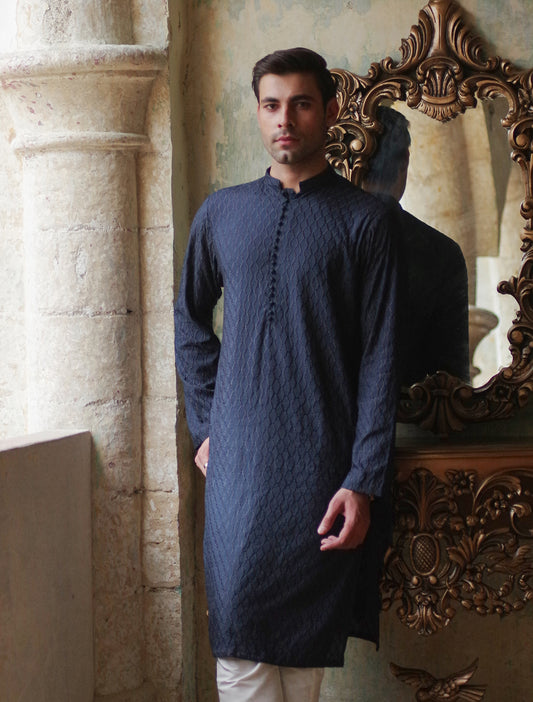 NAVY BLUE EMBROIDERED KURTA