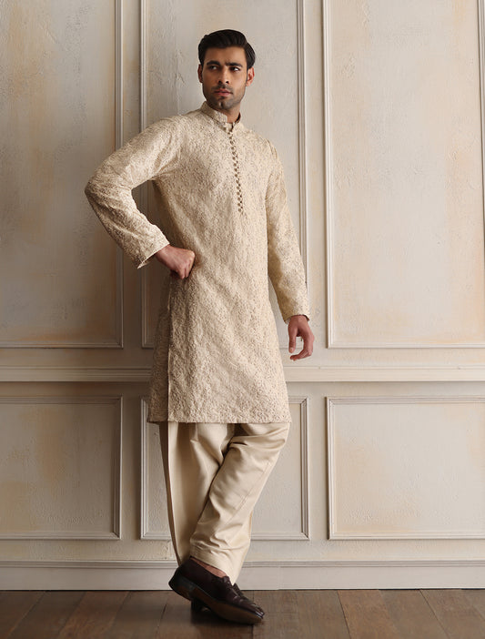 BEIGE HAND EMBROIDERED KURTA