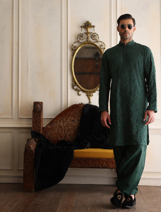 GREEN HEAVY HAND EMBROIDERED KURTA