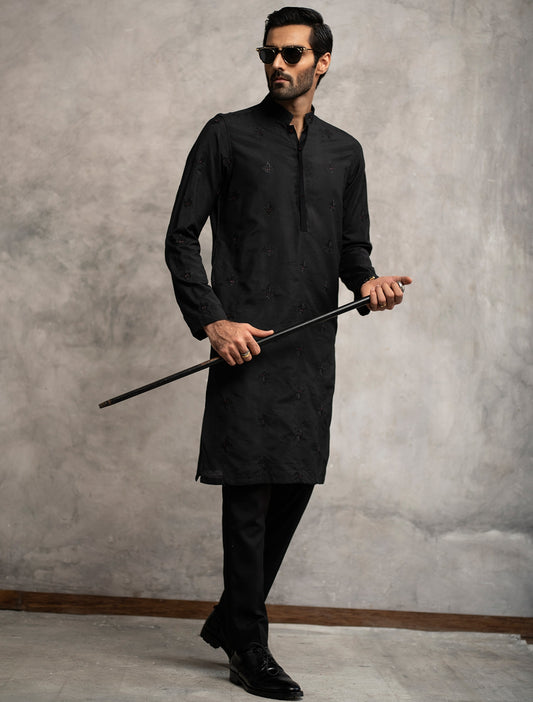 BLACK COTTON SILK EMBROIDERED KURTA