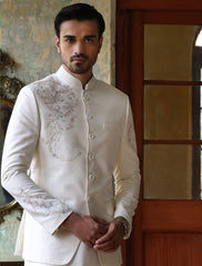 IVORY RAWSILK HAND EMBROIDERED PRINCE COAT