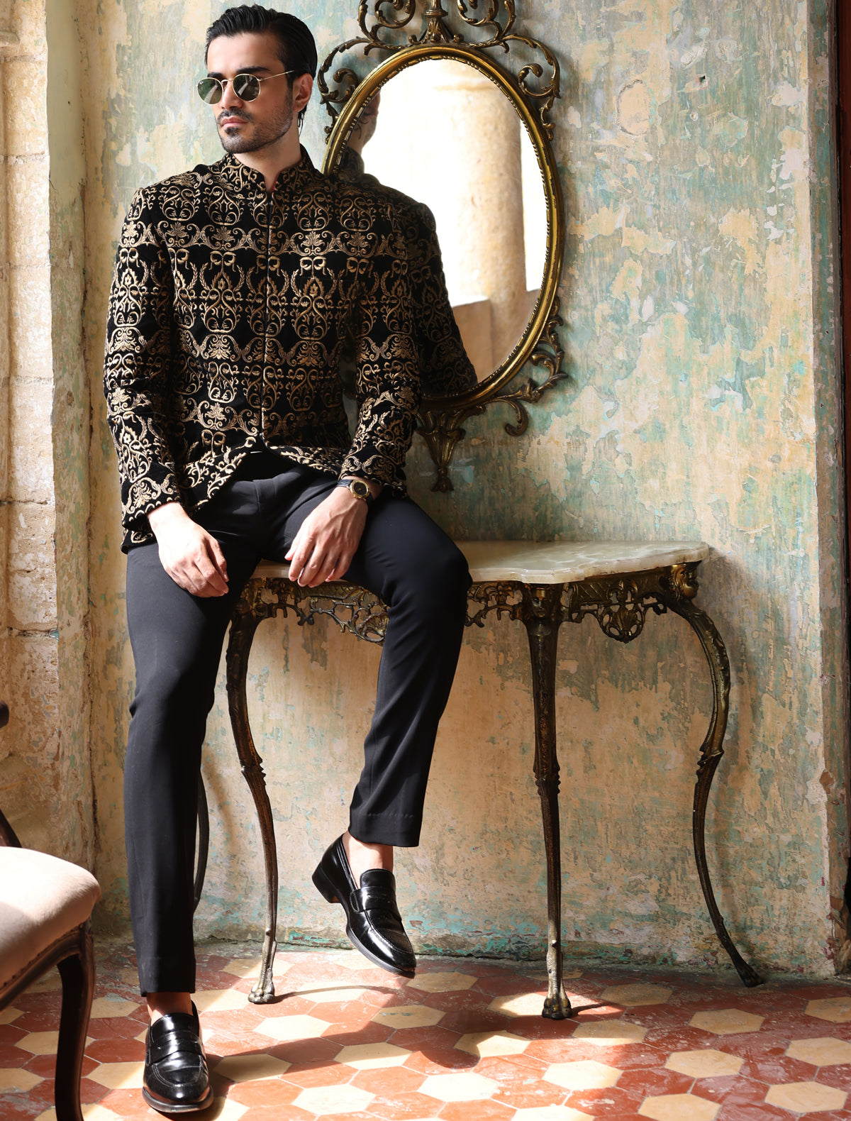 Embroidery Black Prince Coat With Black Shalwar Kameez BLACK