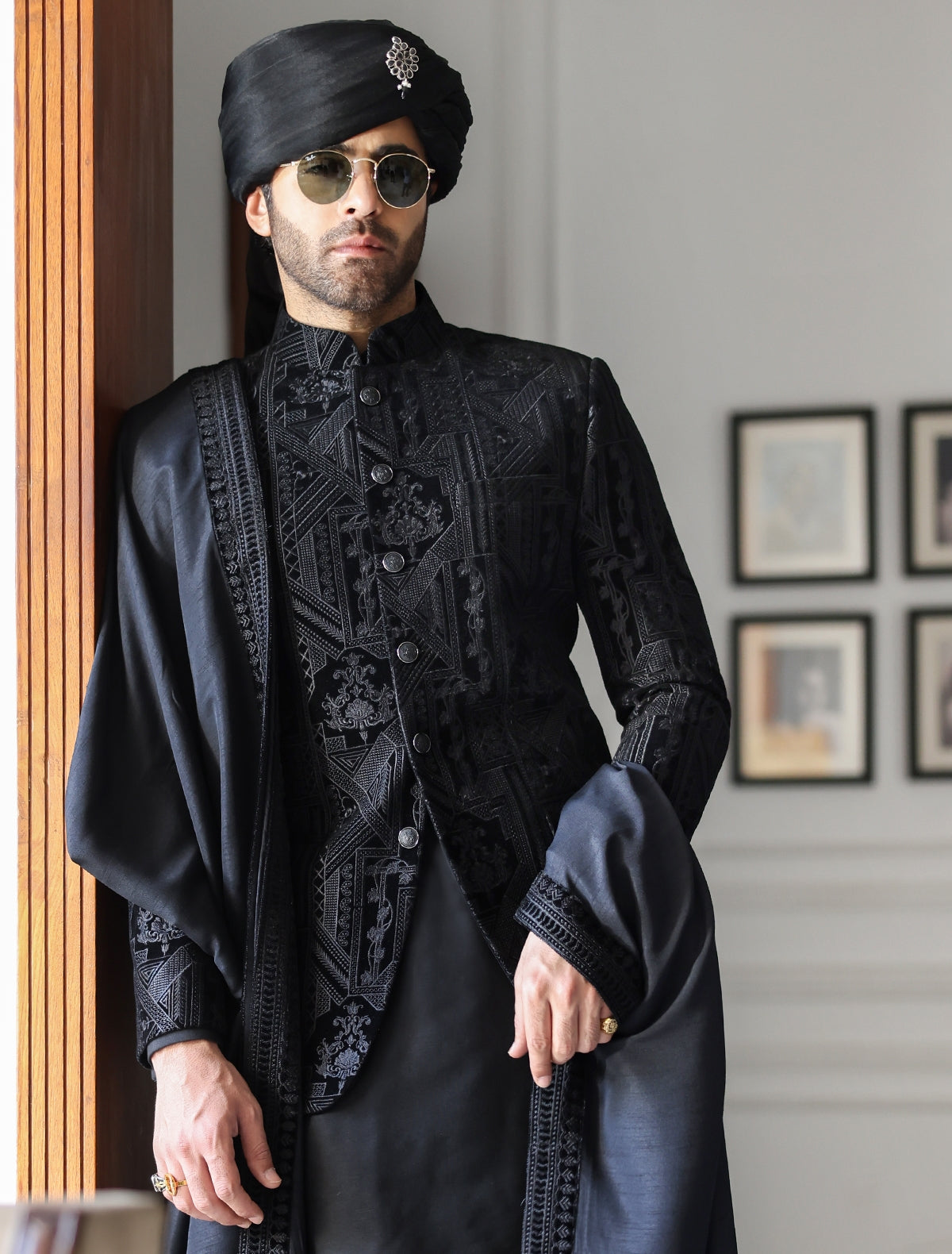 Black velvet heavy embroidered Prince Coat-S