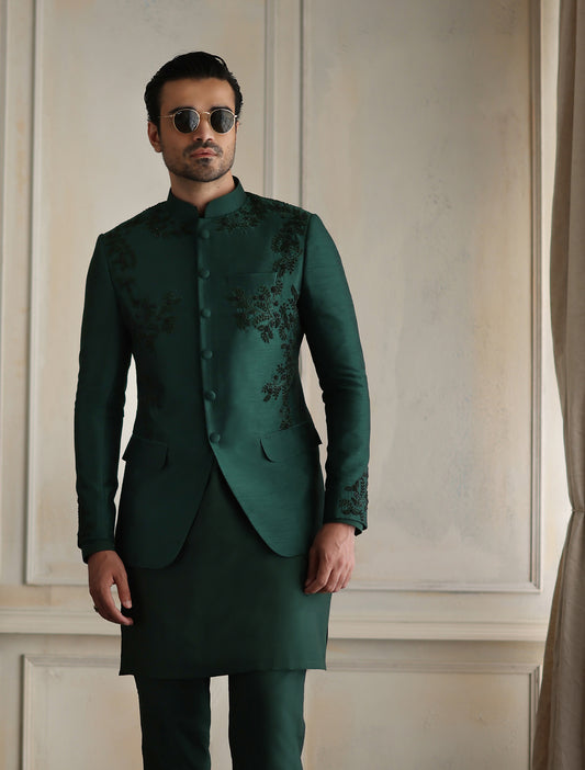 EMERALD GREEN HAND EMBROIDERED PRINCE COAT